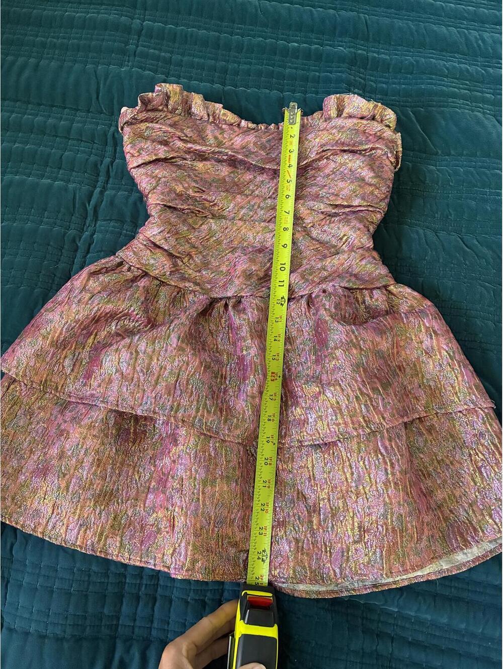 LoveShackFancy Strapless Metallic Ruffle Mini Dress Size 6 Pink Multi
